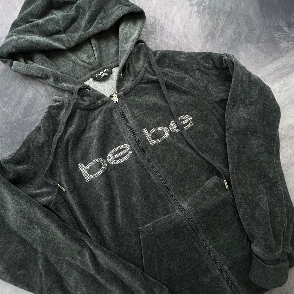Bebe Vintage Y2K Velour Rhinestone Logo Zip Up Hoodie Charcoal Grey Small - Picture 6 of 6
